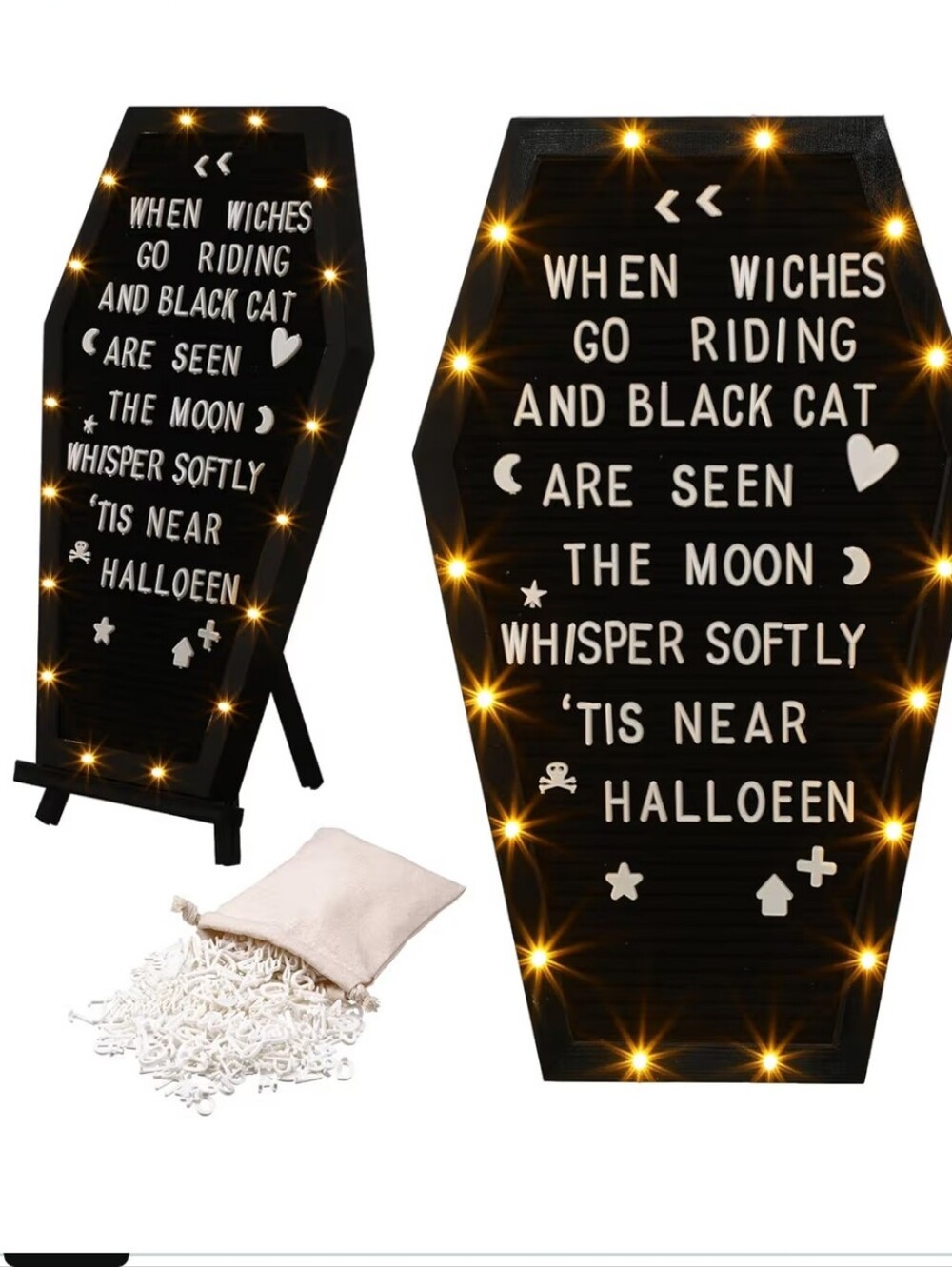 Coffin Black Felt Letter Board Built in LED Lights with Stand